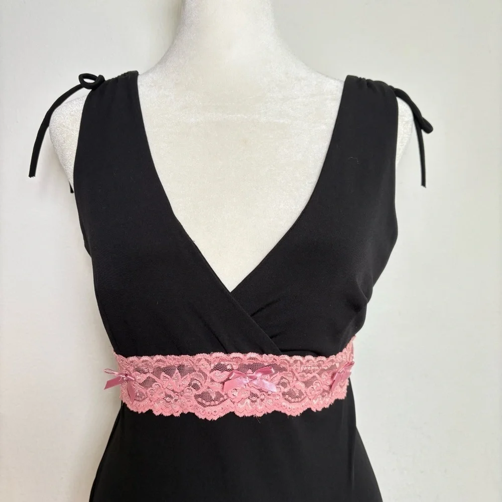 Vintage 90s Y2K Coquette Asymmetrical Babydoll Stretchy  Midi Dress Lace Bow S/M